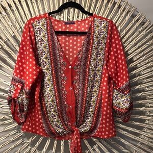 West Kei Red 3/4 Sleeve Blouse with Tie Front and Buttoned Style